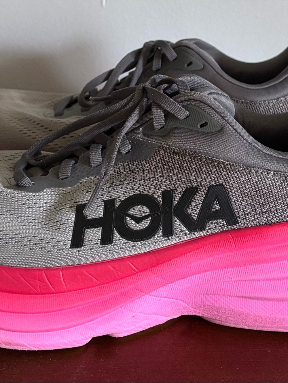 Hoka One One HOKA Bondi 8 Women's Gray Castlerock/Strawberry Sneaker size 12